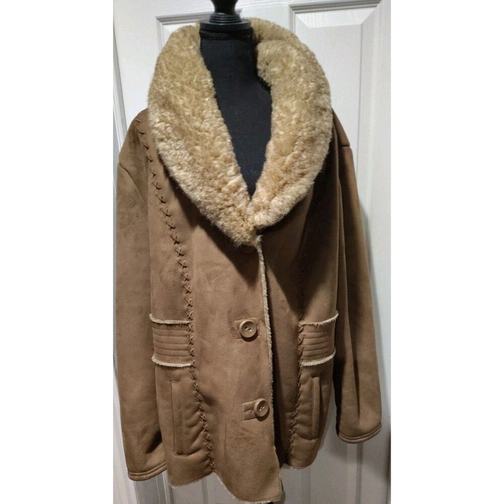 Braetan Jacket Camel Faux Suede Round Collar Faux Fur Lined Pockets Plus Sz30/32 - Picture 1 of 13